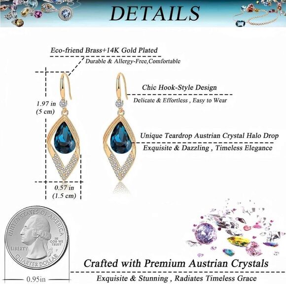 14K Yellow Gold with London Blue Topaz Austrian Crystal Leaf Teardrop Earrings - Picture 7 of 7